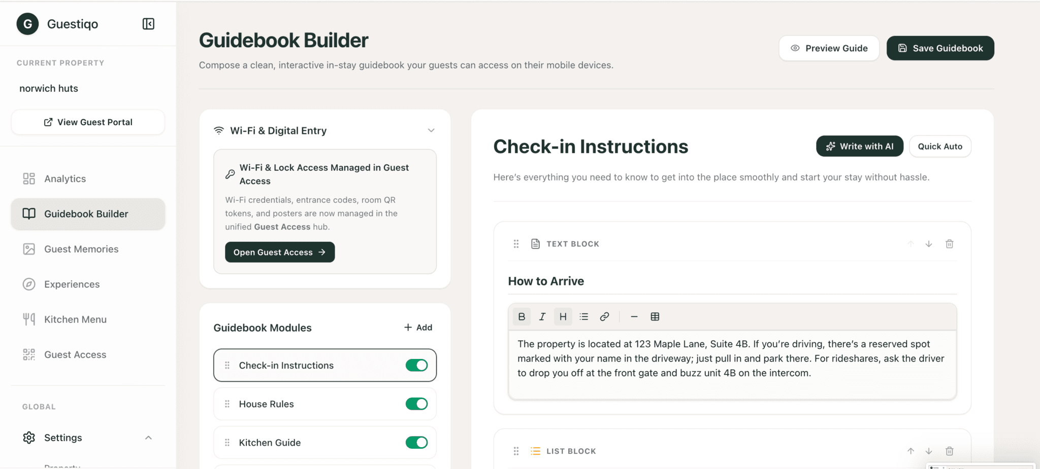 Guestiqo Guidebook Builder dashboard